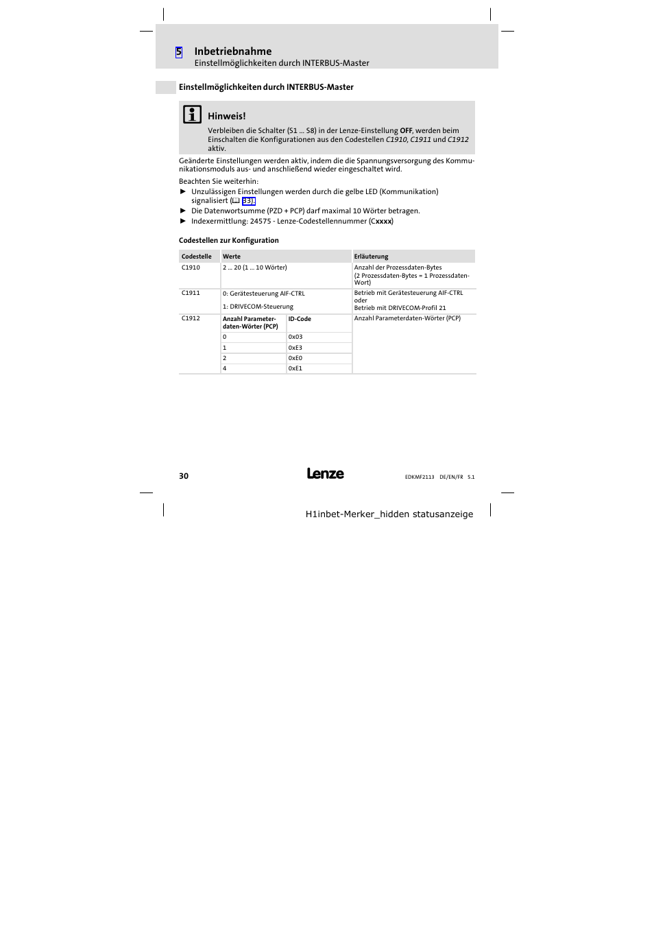 Einstellmöglichkeiten durch interbus-master, Einstellmöglichkeiten durch interbus−master, 5inbetriebnahme | Lenze EMF2113IB User Manual | Page 30 / 112
