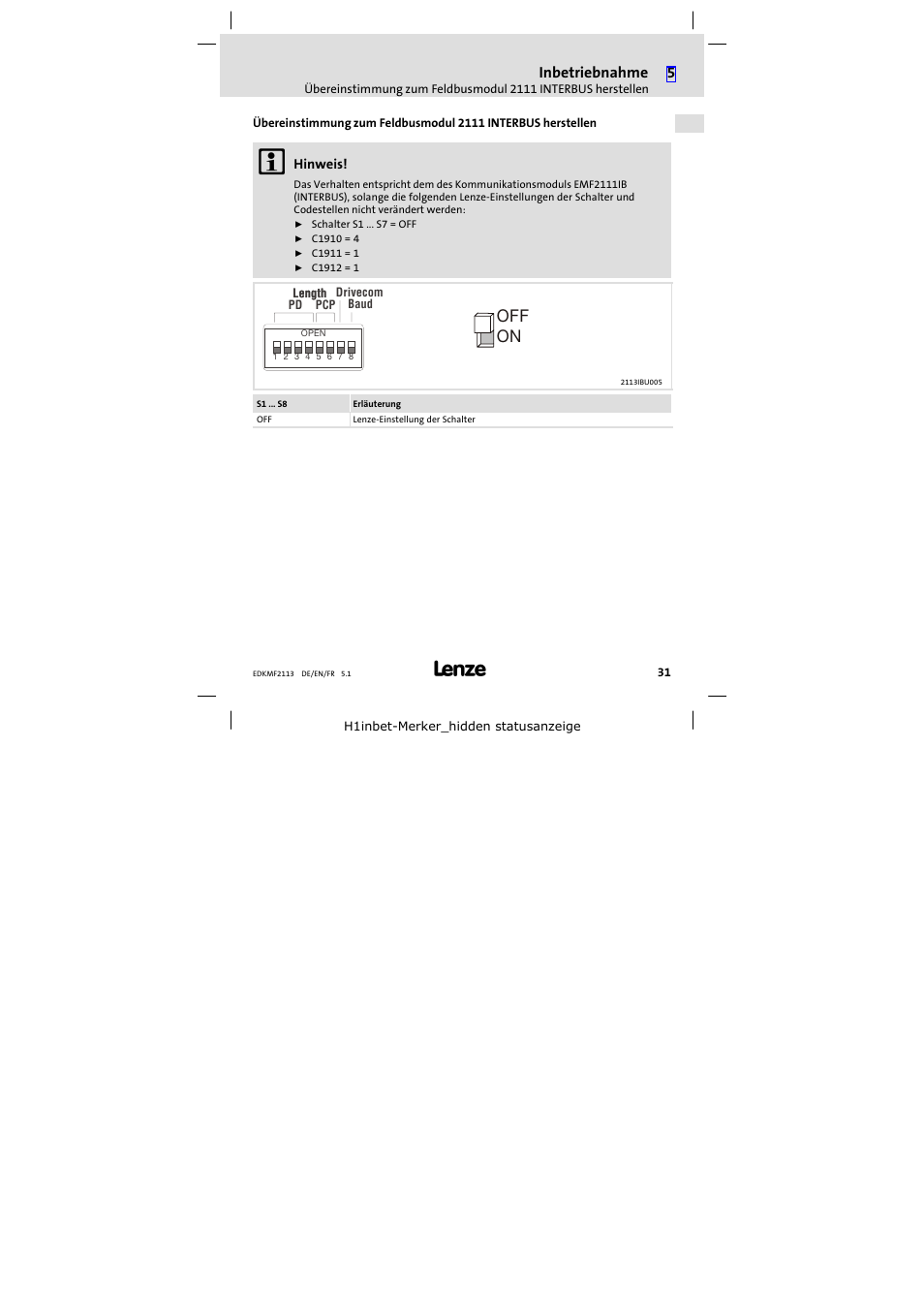 On off, Inbetriebnahme | Lenze EMF2113IB User Manual | Page 31 / 112