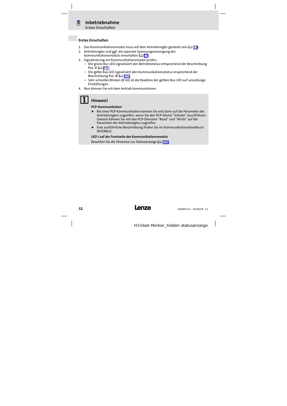 Erstes einschalten, 5inbetriebnahme | Lenze EMF2113IB User Manual | Page 32 / 112