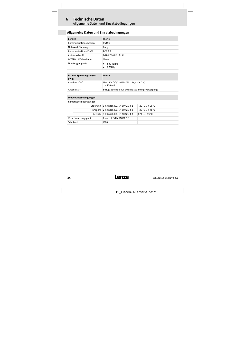 6 technische daten, Allgemeine daten und einsatzbedingungen, Technische daten | 6technische daten | Lenze EMF2113IB User Manual | Page 34 / 112