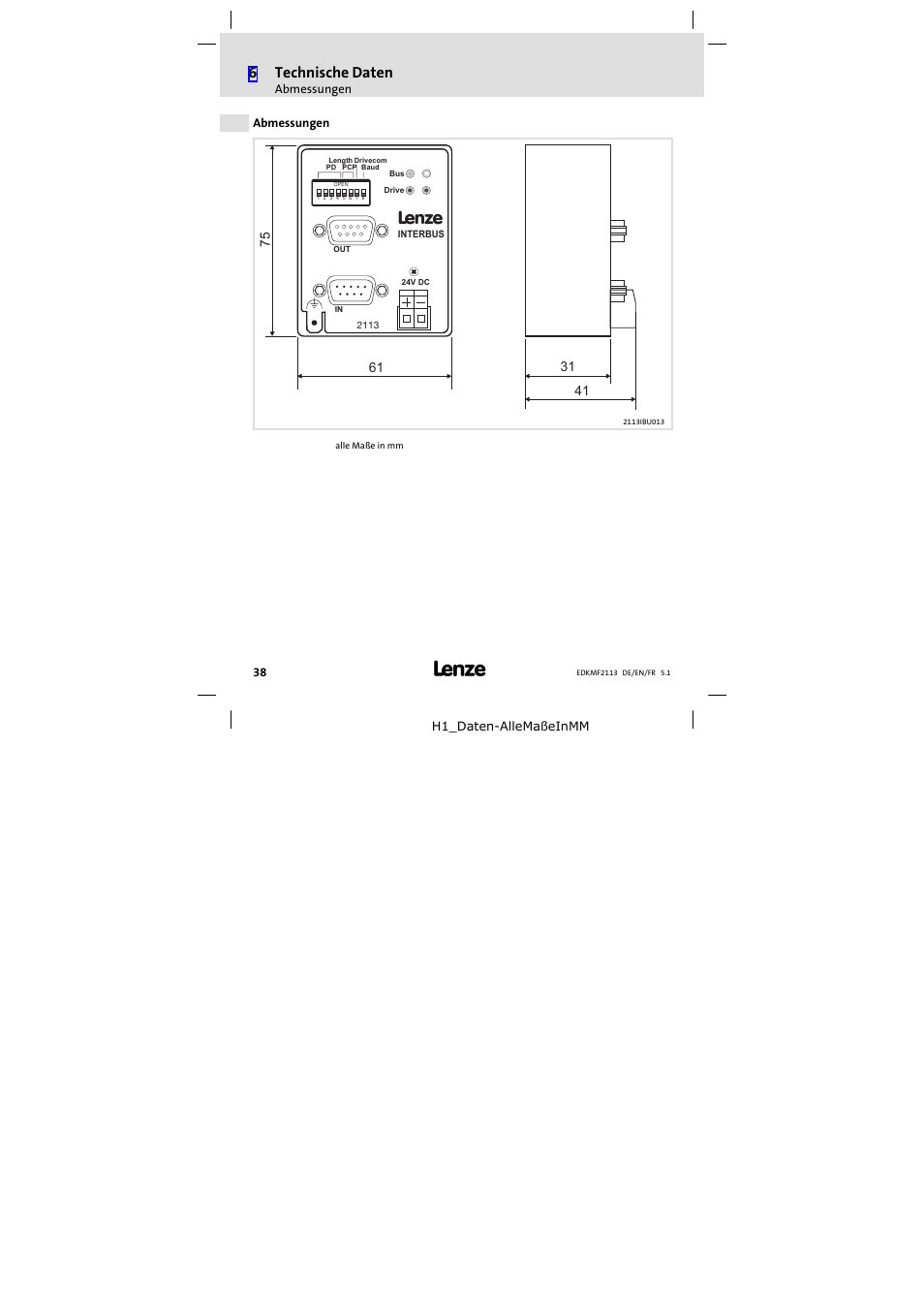 Abmessungen, 6technische daten | Lenze EMF2113IB User Manual | Page 38 / 112