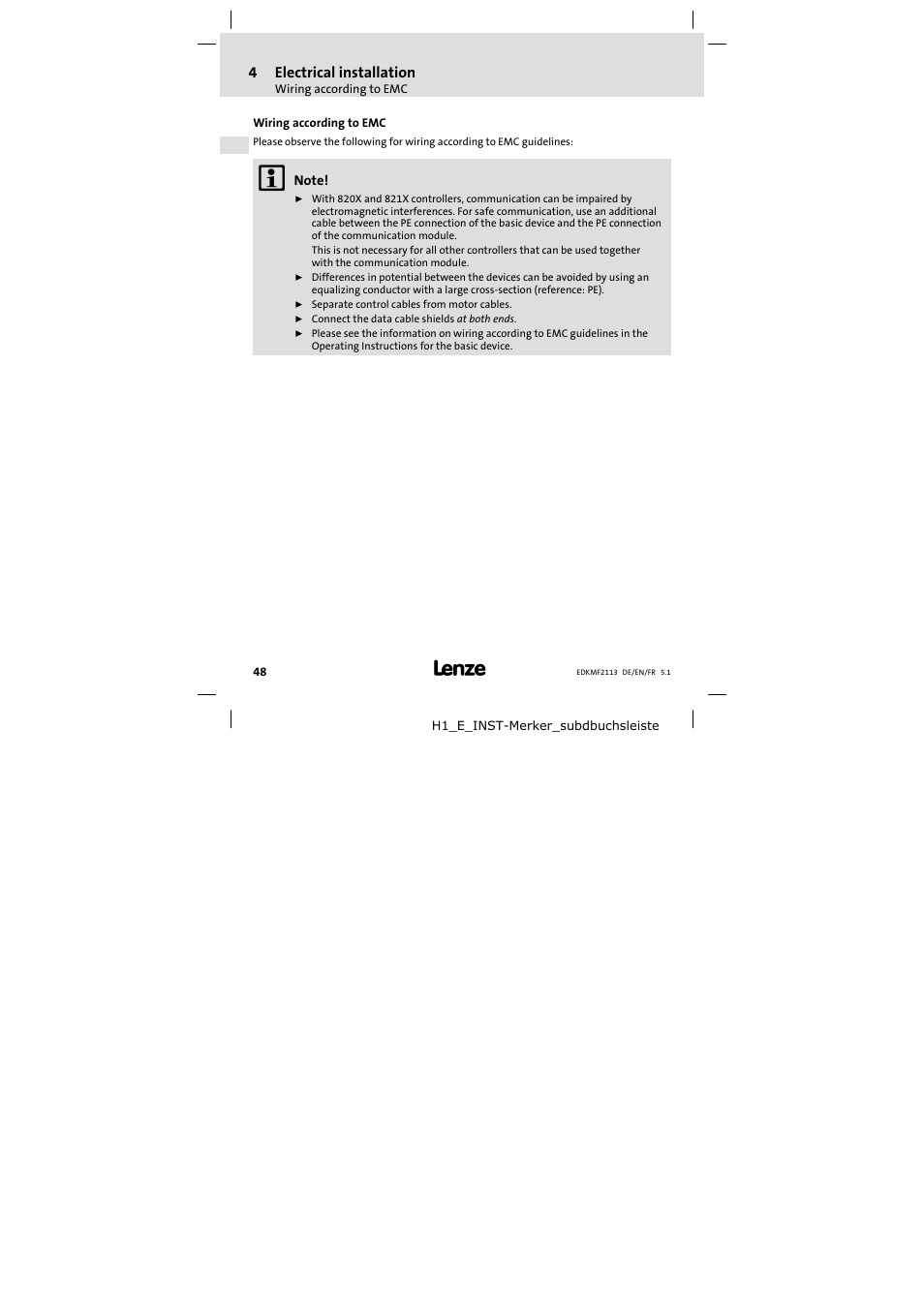 4 electrical installation, Wiring according to emc, Electrical installation | Lenze EMF2113IB User Manual | Page 48 / 112