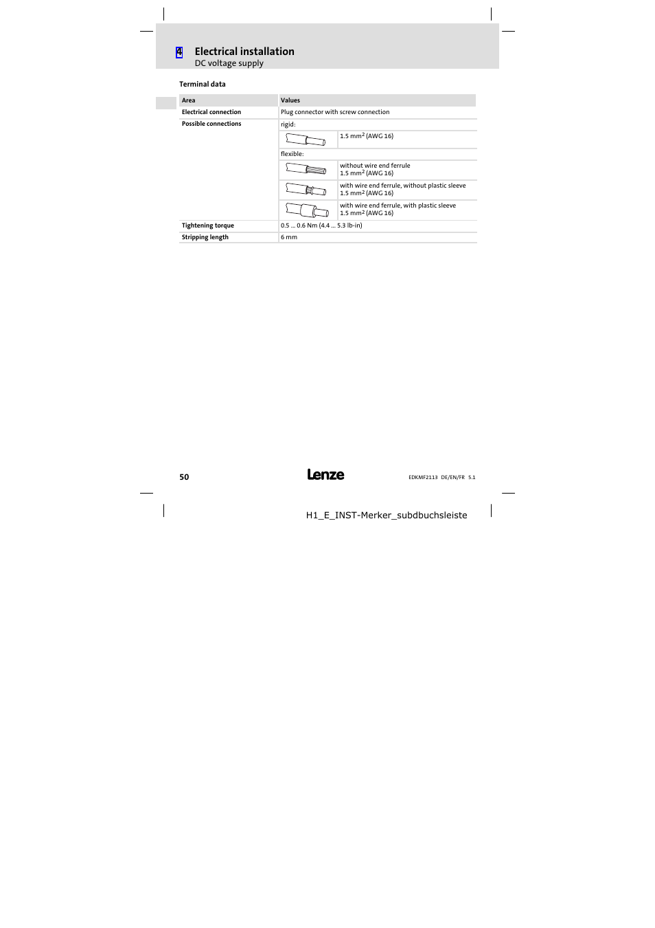 4electrical installation | Lenze EMF2113IB User Manual | Page 50 / 112