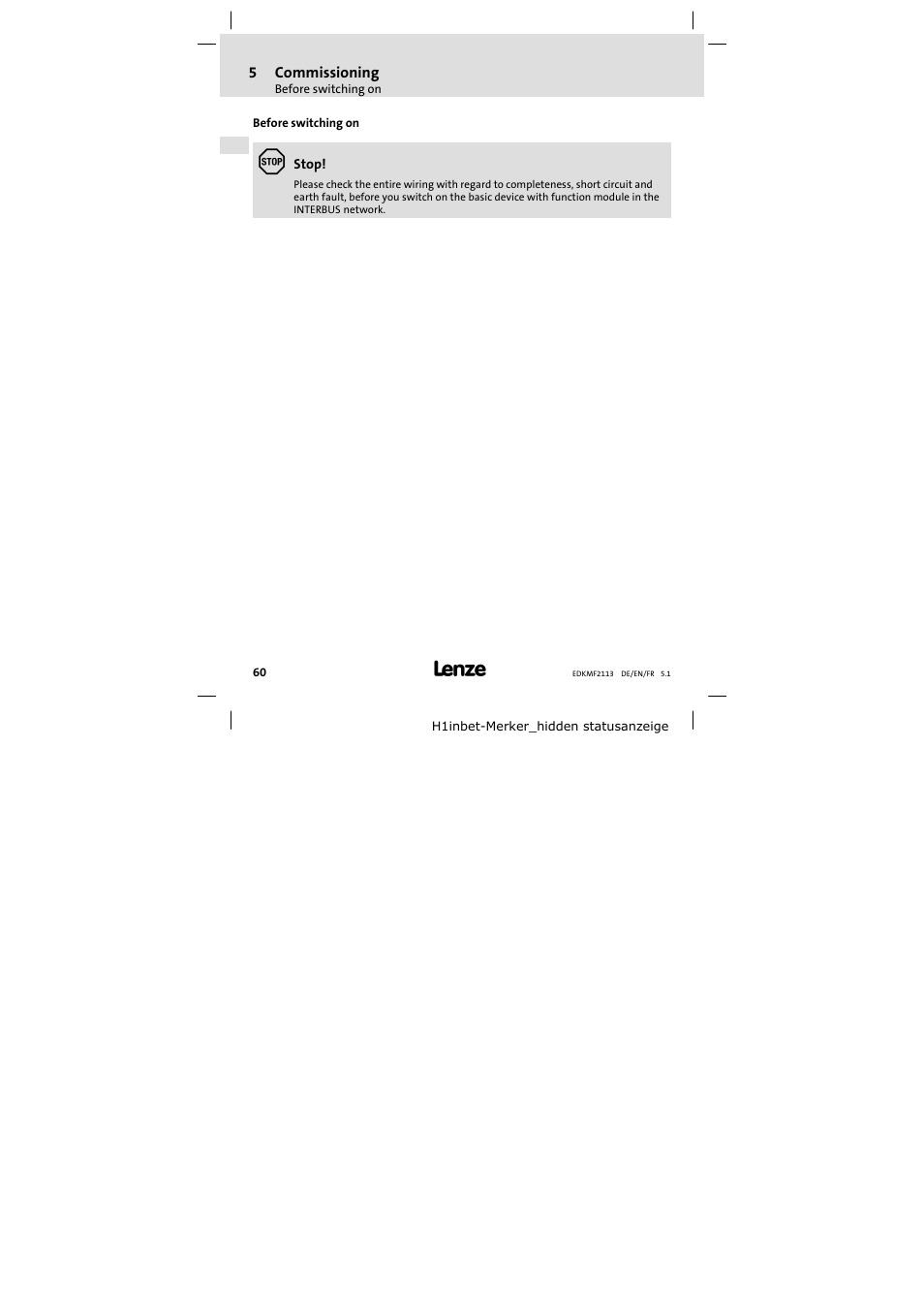 5 commissioning, Before switching on, Commissioning 60 | Lenze EMF2113IB User Manual | Page 60 / 112