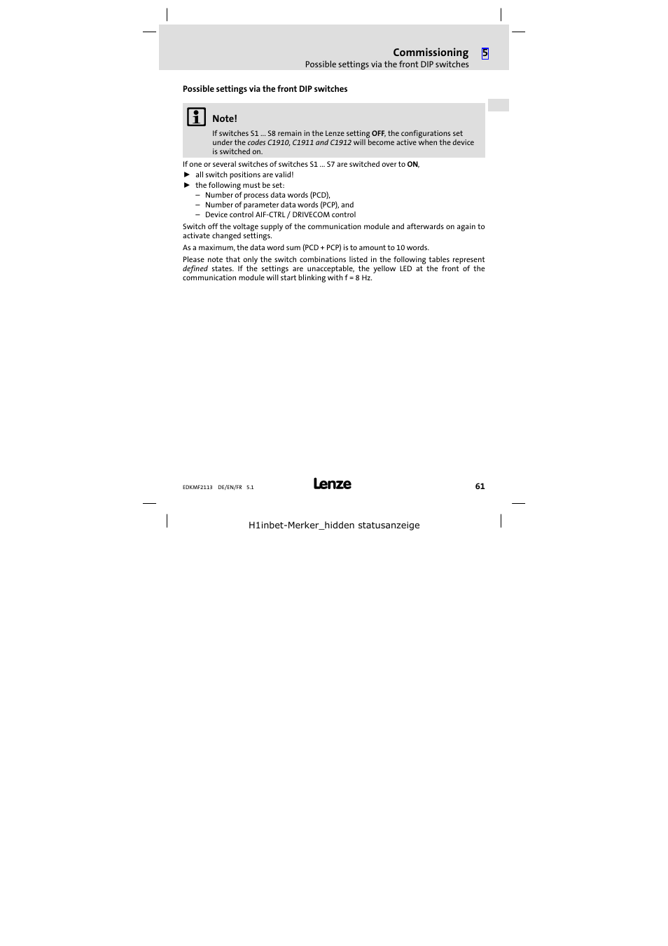 Possible settings via the front dip switches | Lenze EMF2113IB User Manual | Page 61 / 112