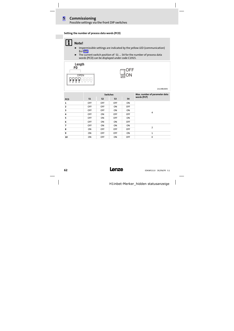 On off, 5commissioning | Lenze EMF2113IB User Manual | Page 62 / 112
