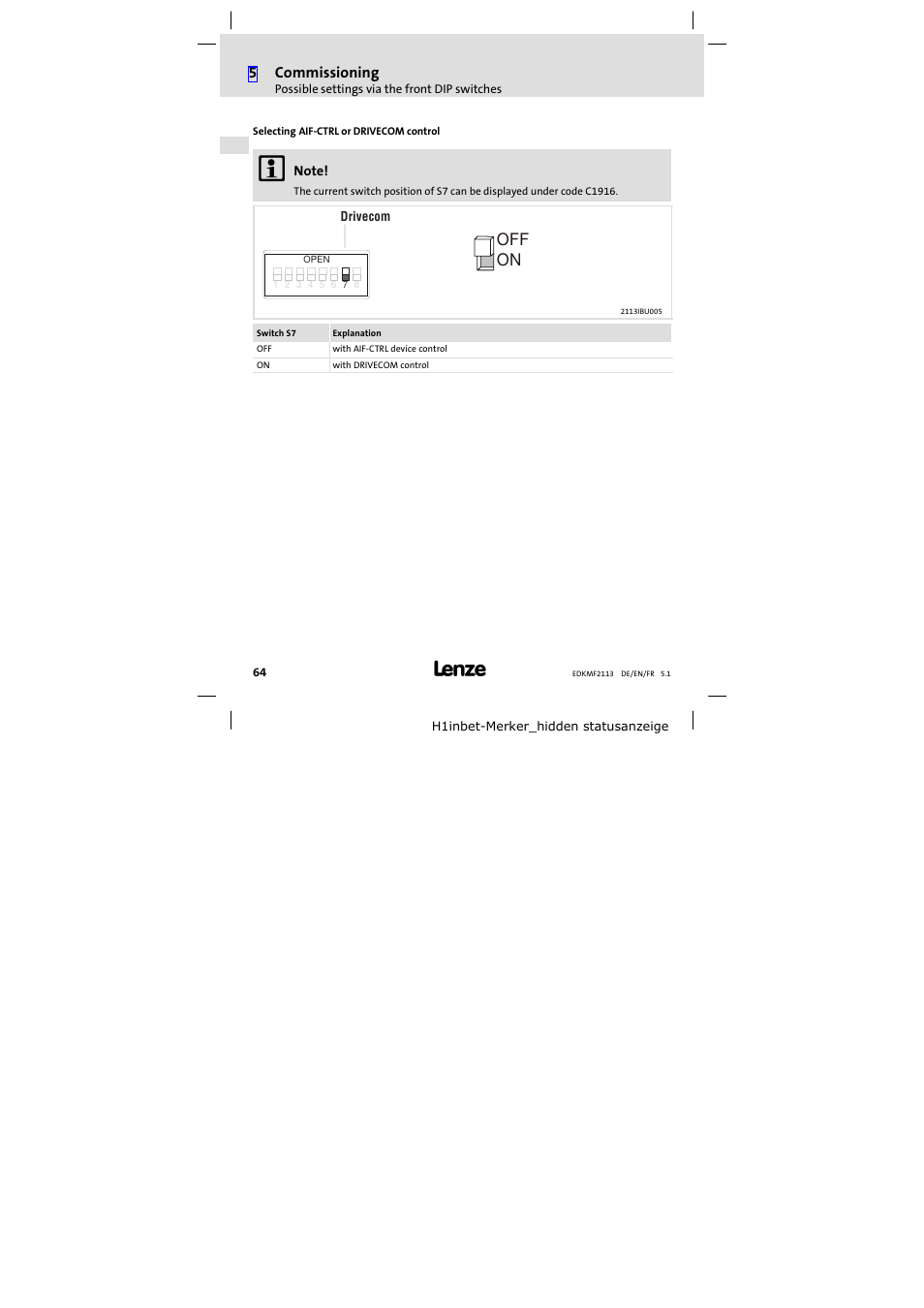 On off, 5commissioning | Lenze EMF2113IB User Manual | Page 64 / 112