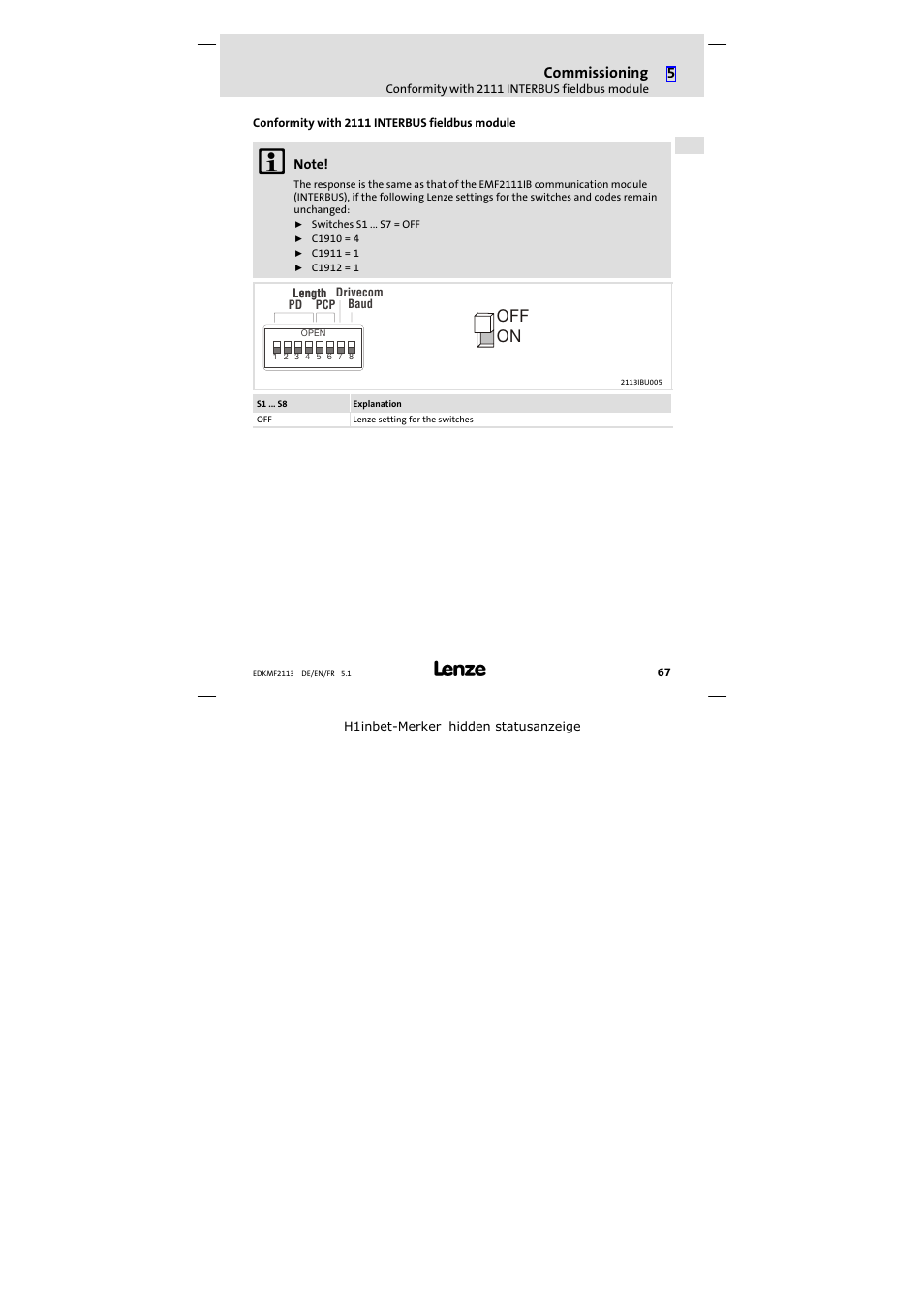 Conformity with 2111 interbus fieldbus module, On off, Commissioning | Lenze EMF2113IB User Manual | Page 67 / 112