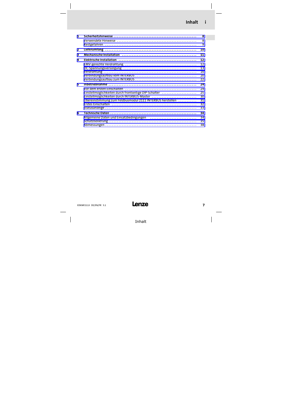 Inhalt, Inhalt i | Lenze EMF2113IB User Manual | Page 7 / 112