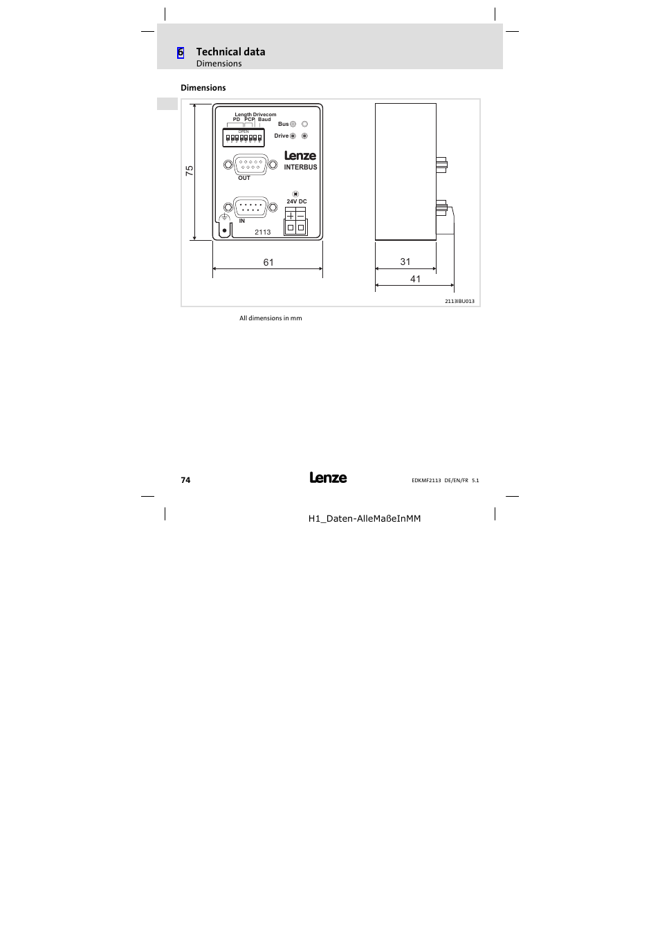 Dimensions, 6technical data | Lenze EMF2113IB User Manual | Page 74 / 112