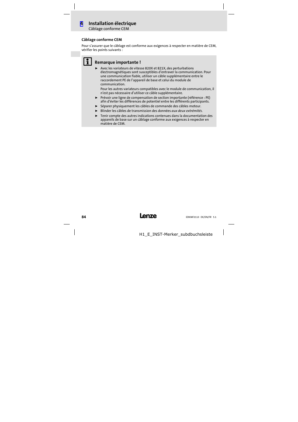 4 installation électrique, Câblage conforme cem, Alimentation cc | Lenze EMF2113IB User Manual | Page 84 / 112