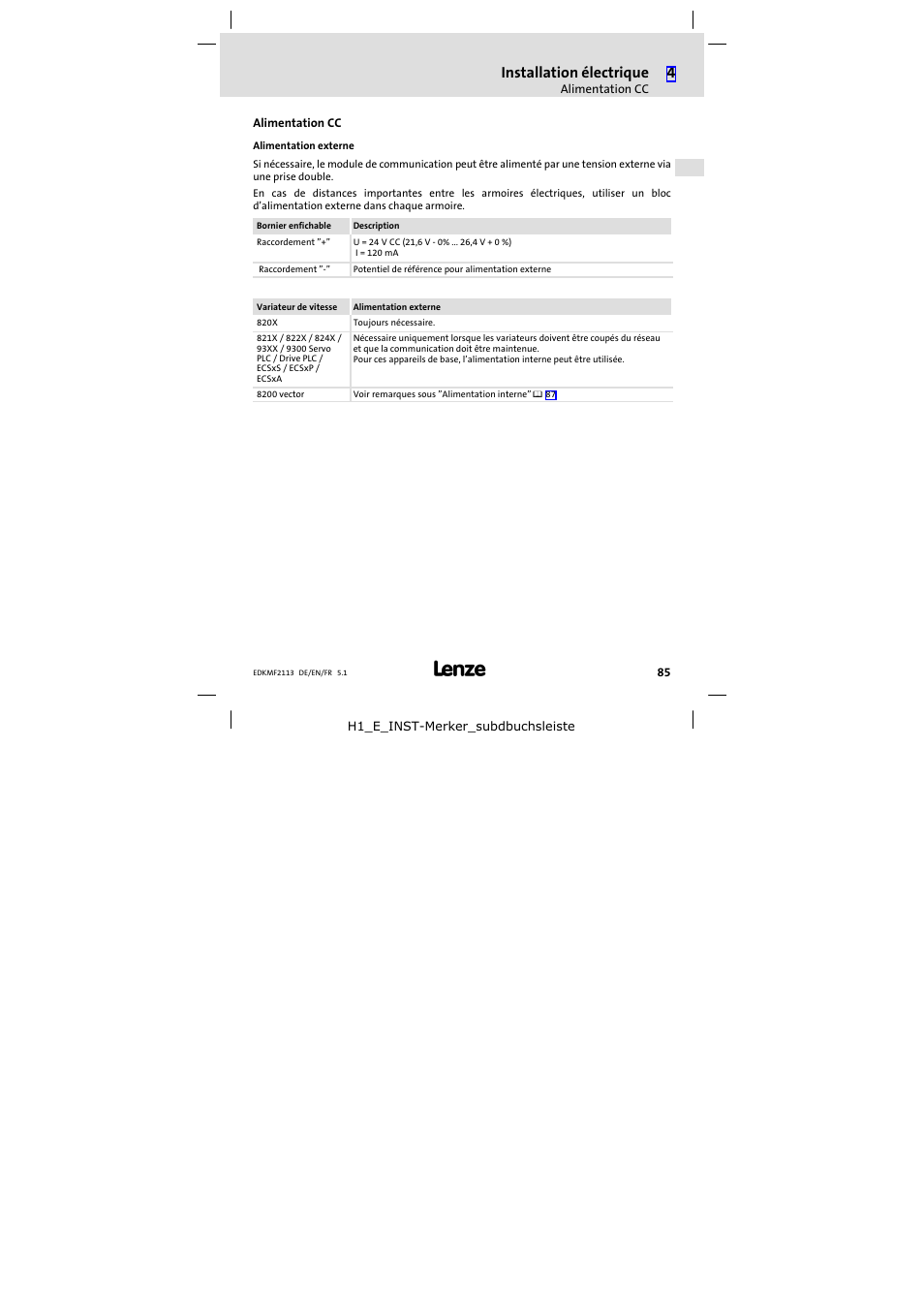 Alimentation cc, Installation électrique | Lenze EMF2113IB User Manual | Page 85 / 112