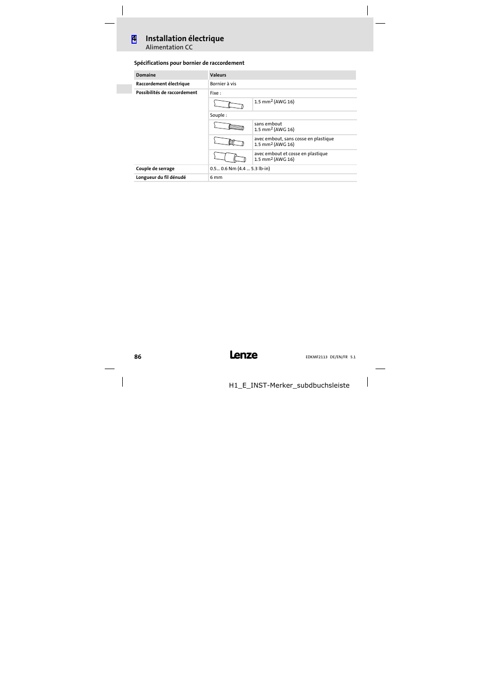 4installation électrique | Lenze EMF2113IB User Manual | Page 86 / 112
