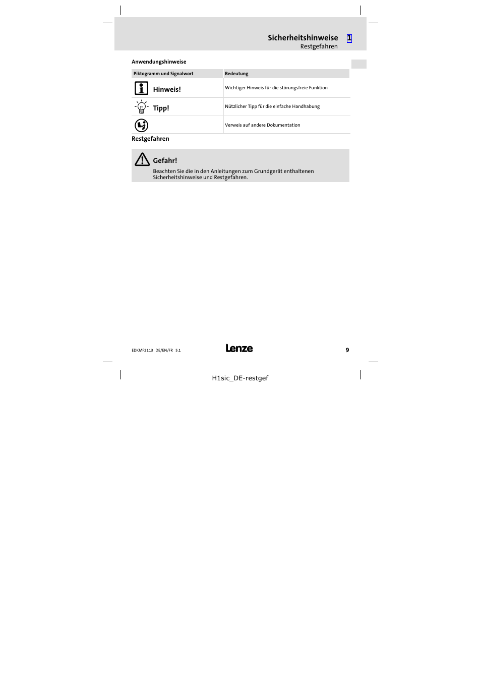 Restgefahren | Lenze EMF2113IB User Manual | Page 9 / 112