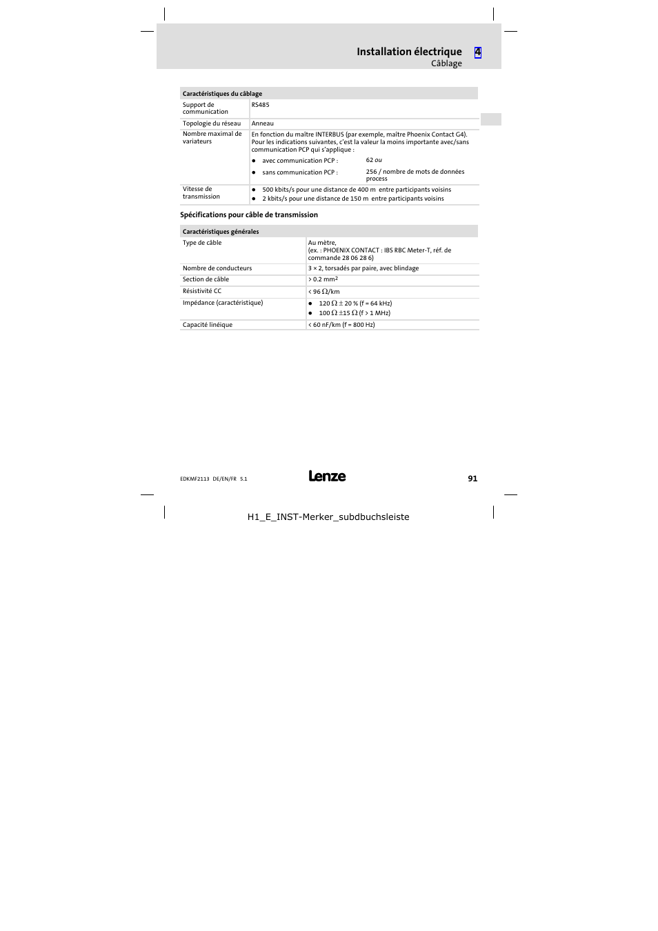 Etablissement de la connexion depuis interbus, Installation électrique | Lenze EMF2113IB User Manual | Page 91 / 112