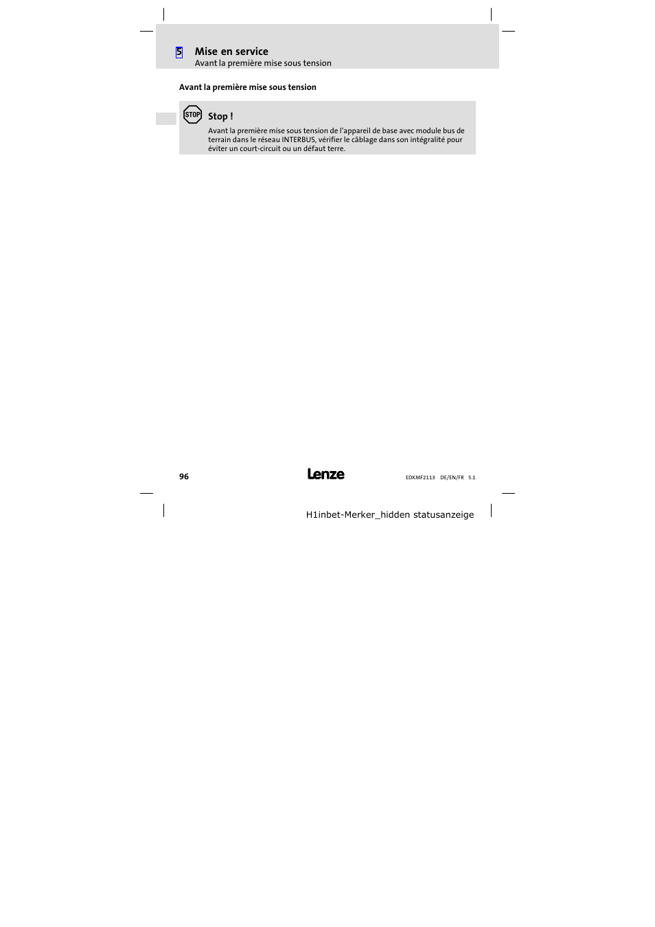 5 mise en service, Avant la première mise sous tension, Réglages possibles via l’interrupteur dip frontal | Lenze EMF2113IB User Manual | Page 96 / 112