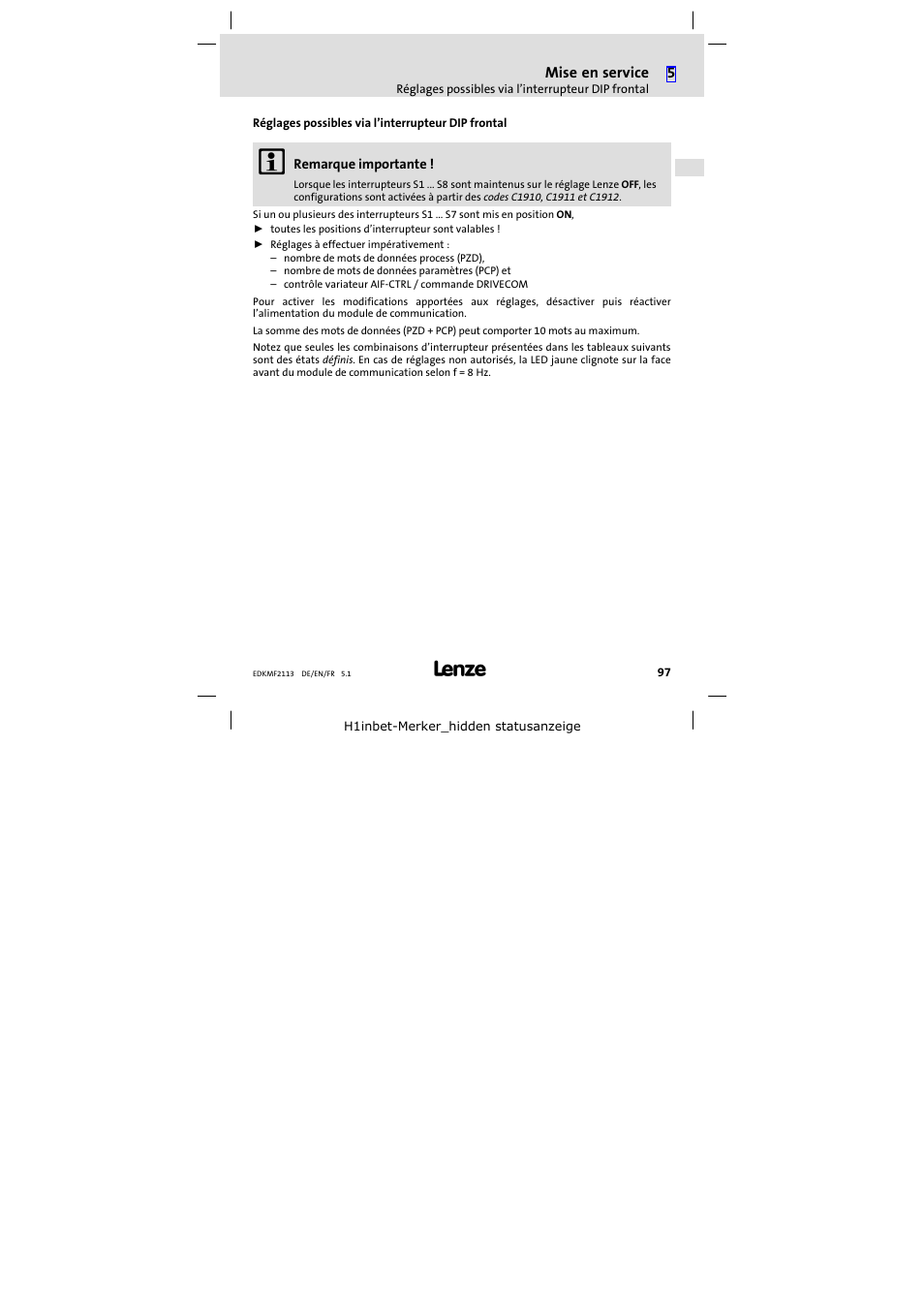 Réglages possibles via l'interrupteur dip frontal | Lenze EMF2113IB User Manual | Page 97 / 112