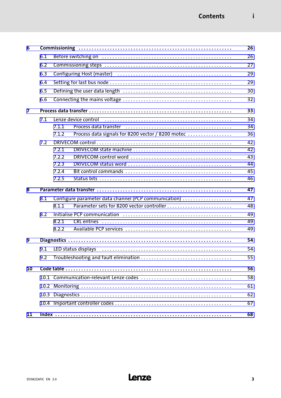 Contents i | Lenze E82ZAFIC010 User Manual | Page 3 / 71