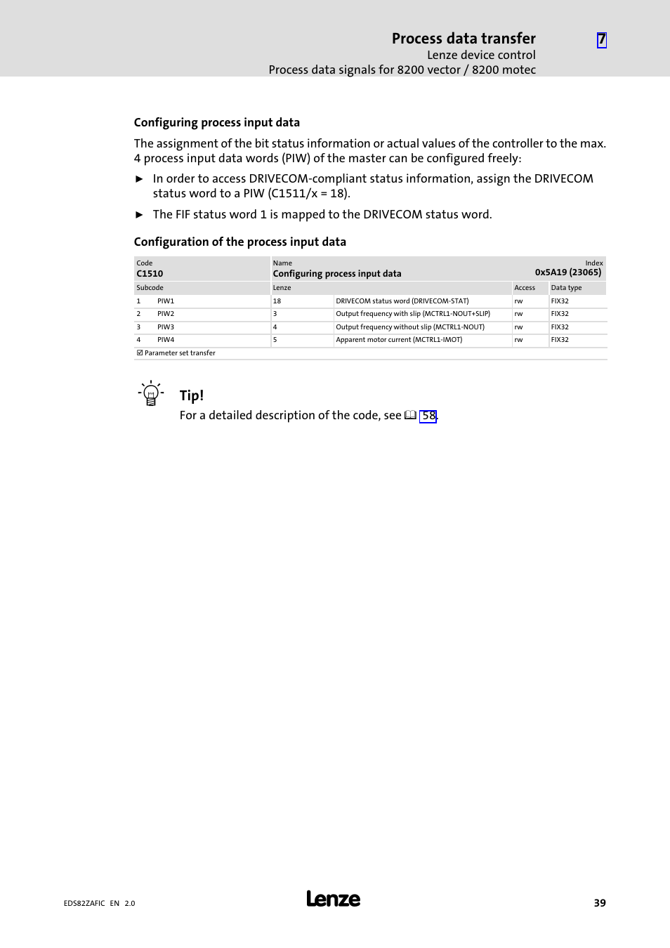 Process data transfer, For a detailed description of the code, see ^ 58 | Lenze E82ZAFIC010 User Manual | Page 39 / 71