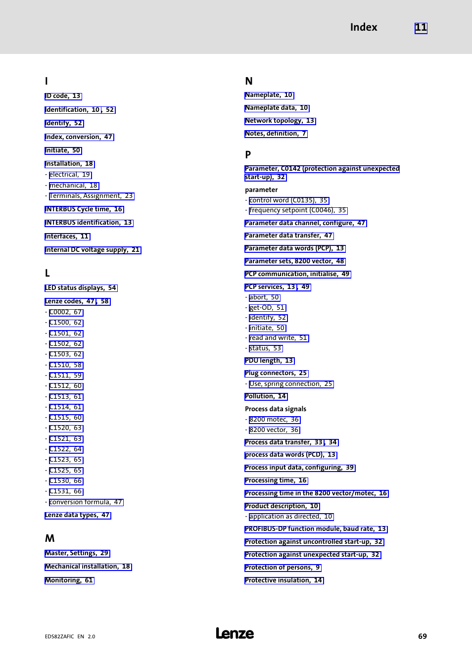 Index 11 | Lenze E82ZAFIC010 User Manual | Page 69 / 71