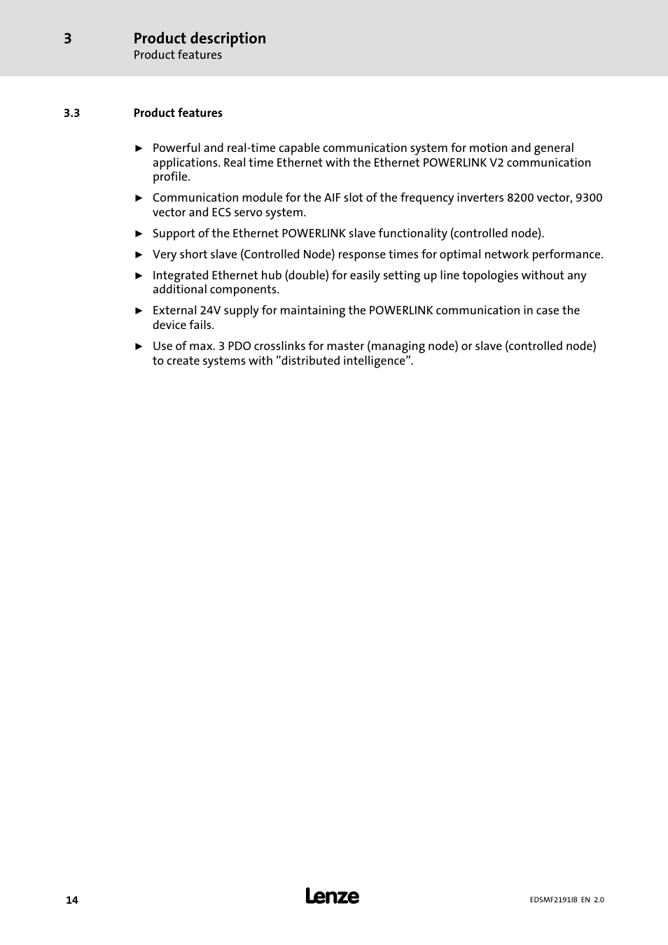 3 product features, Product features, Product description | Lenze EMF2191IB User Manual | Page 14 / 56