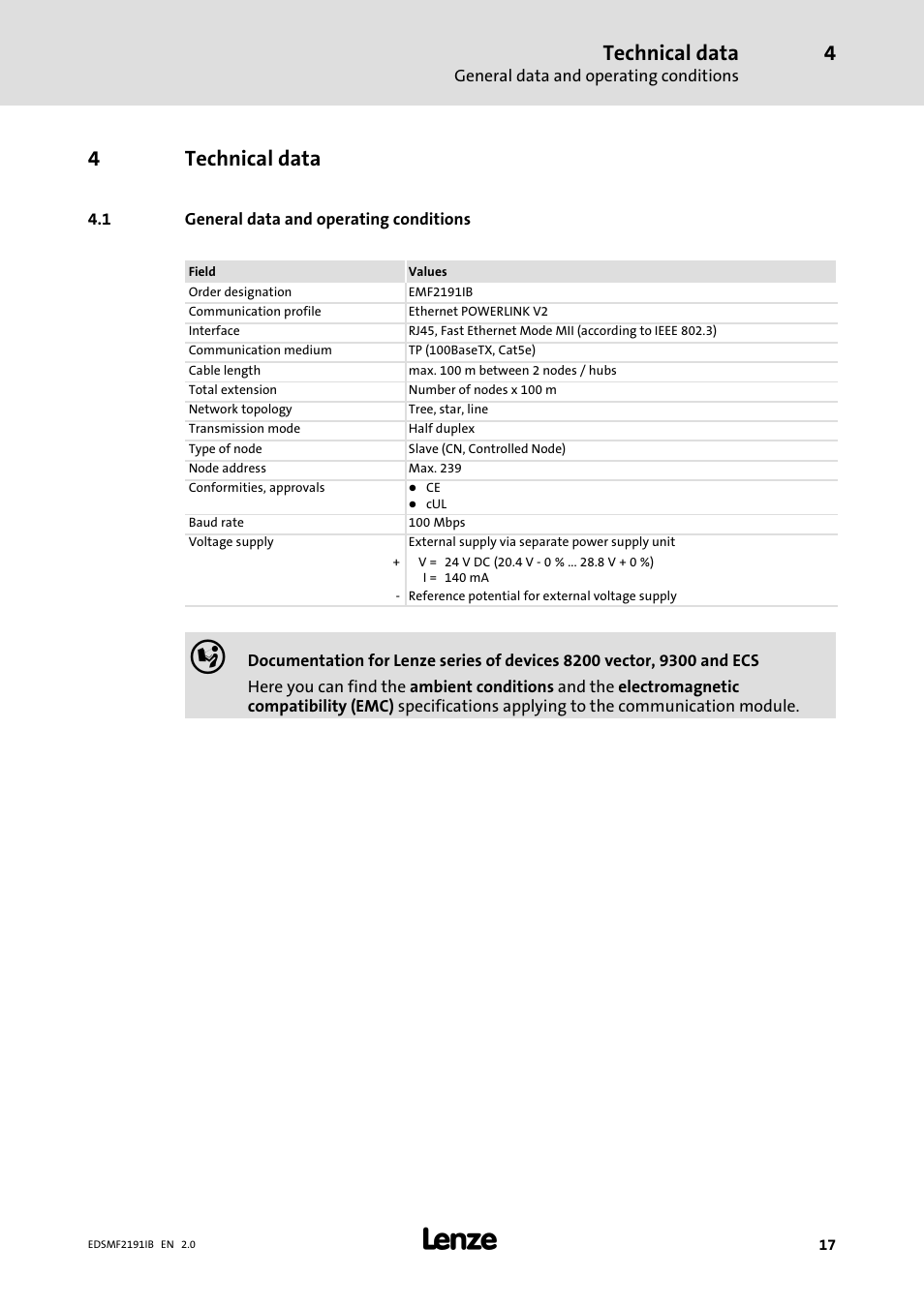 4 technical data, 1 general data and operating conditions, Technical data | General data and operating conditions, 4technical data | Lenze EMF2191IB User Manual | Page 17 / 56