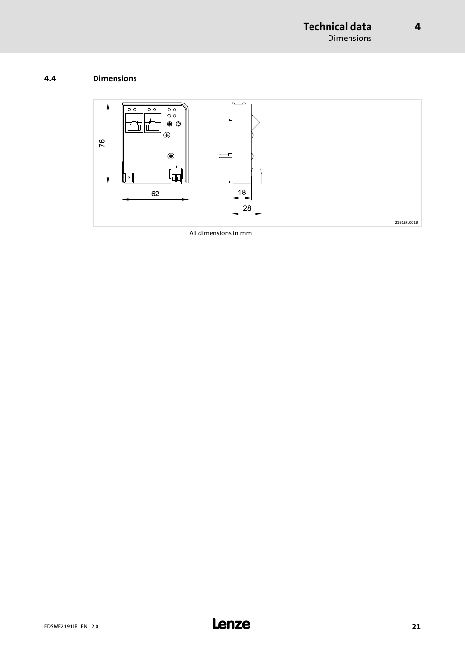 4 dimensions, Dimensions, Technical data | Lenze EMF2191IB User Manual | Page 21 / 56