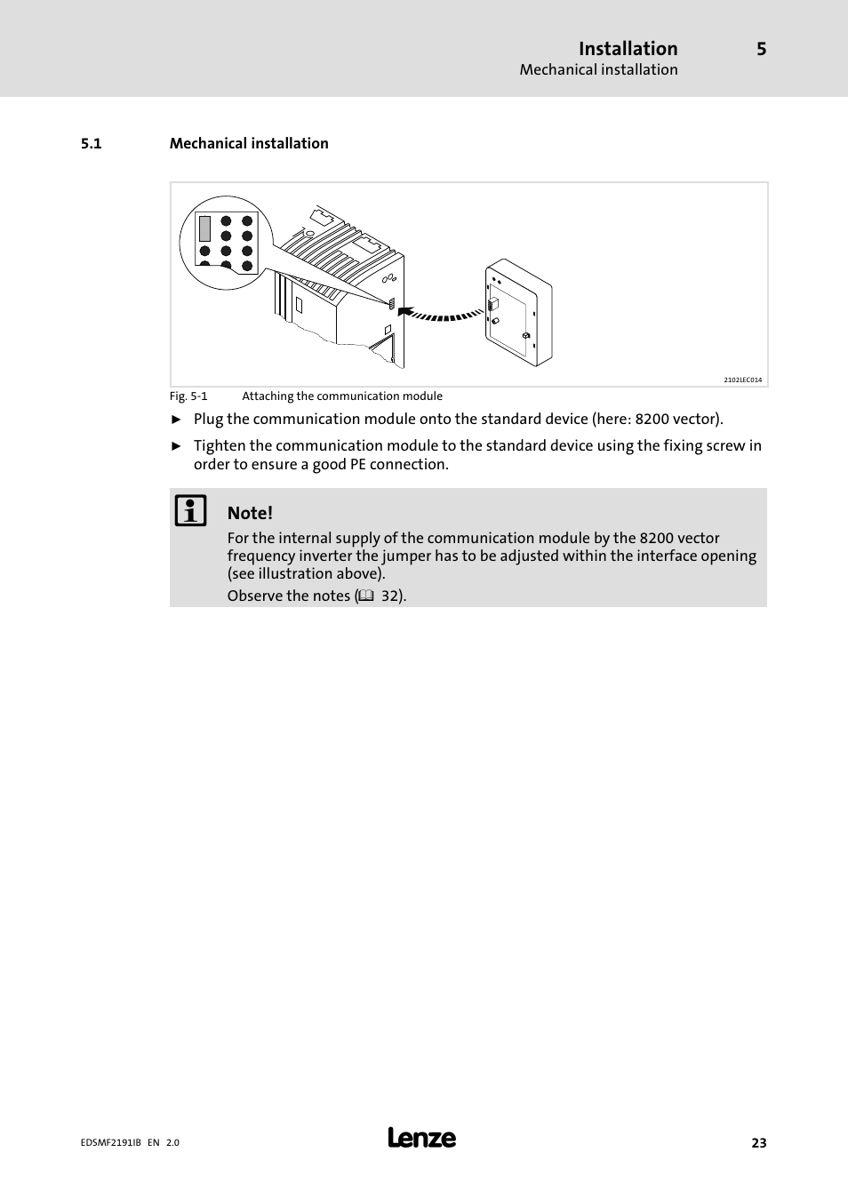 1 mechanical installation, Mechanical installation, Installation | Lenze EMF2191IB User Manual | Page 23 / 56
