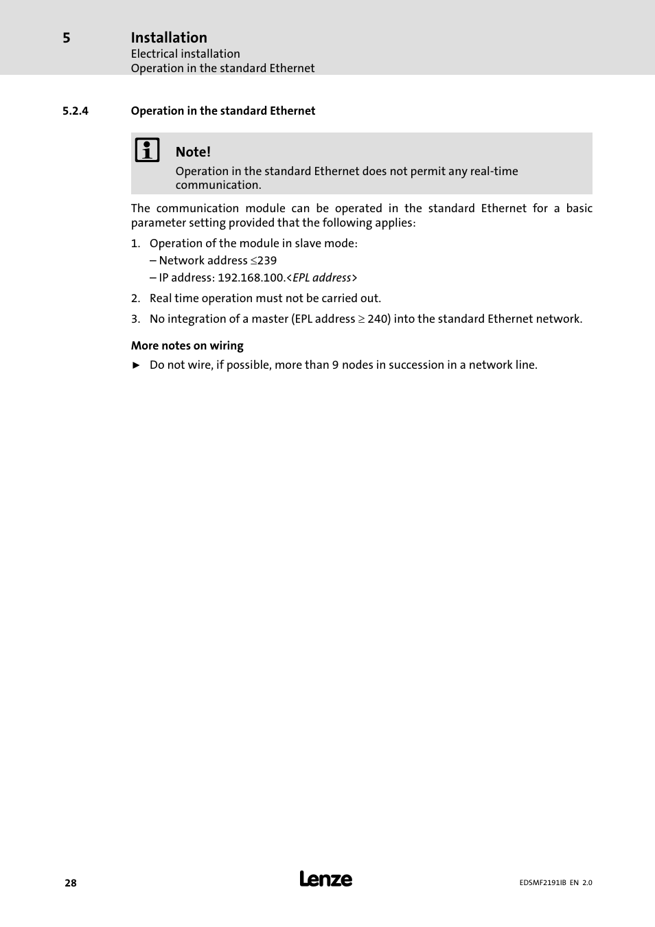 4 operation in the standard ethernet, Operation in the standard ethernet | Lenze EMF2191IB User Manual | Page 28 / 56