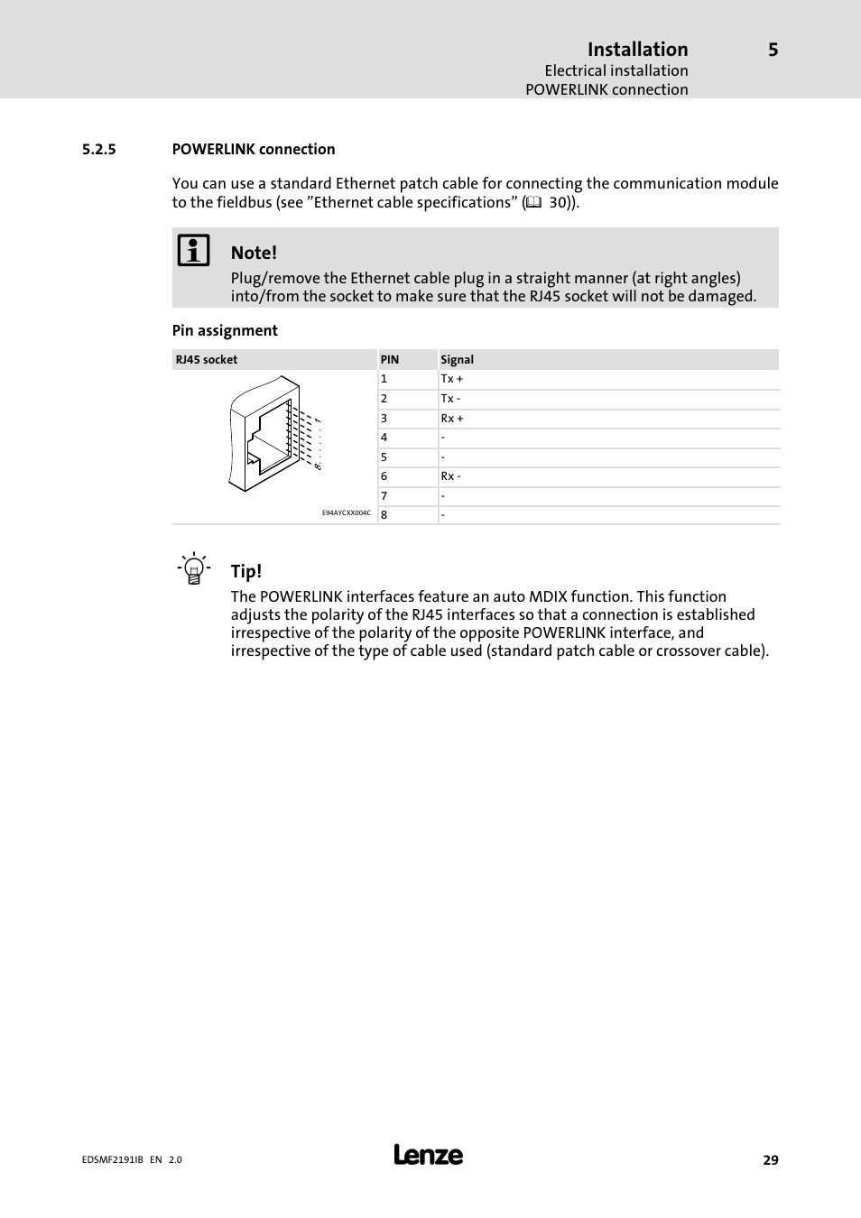 5 powerlink connection, Powerlink connection, Installation | Lenze EMF2191IB User Manual | Page 29 / 56