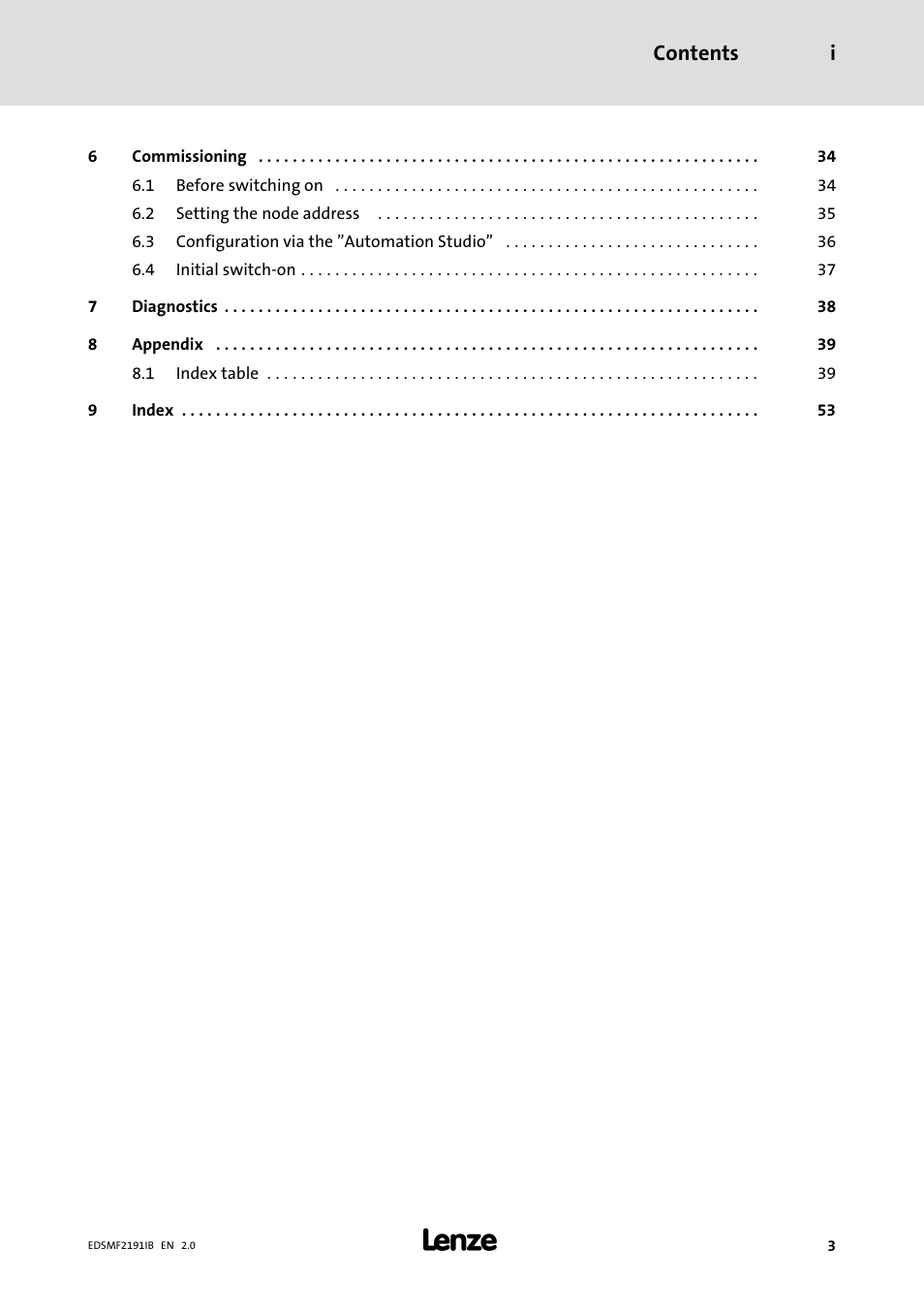 Contents i | Lenze EMF2191IB User Manual | Page 3 / 56