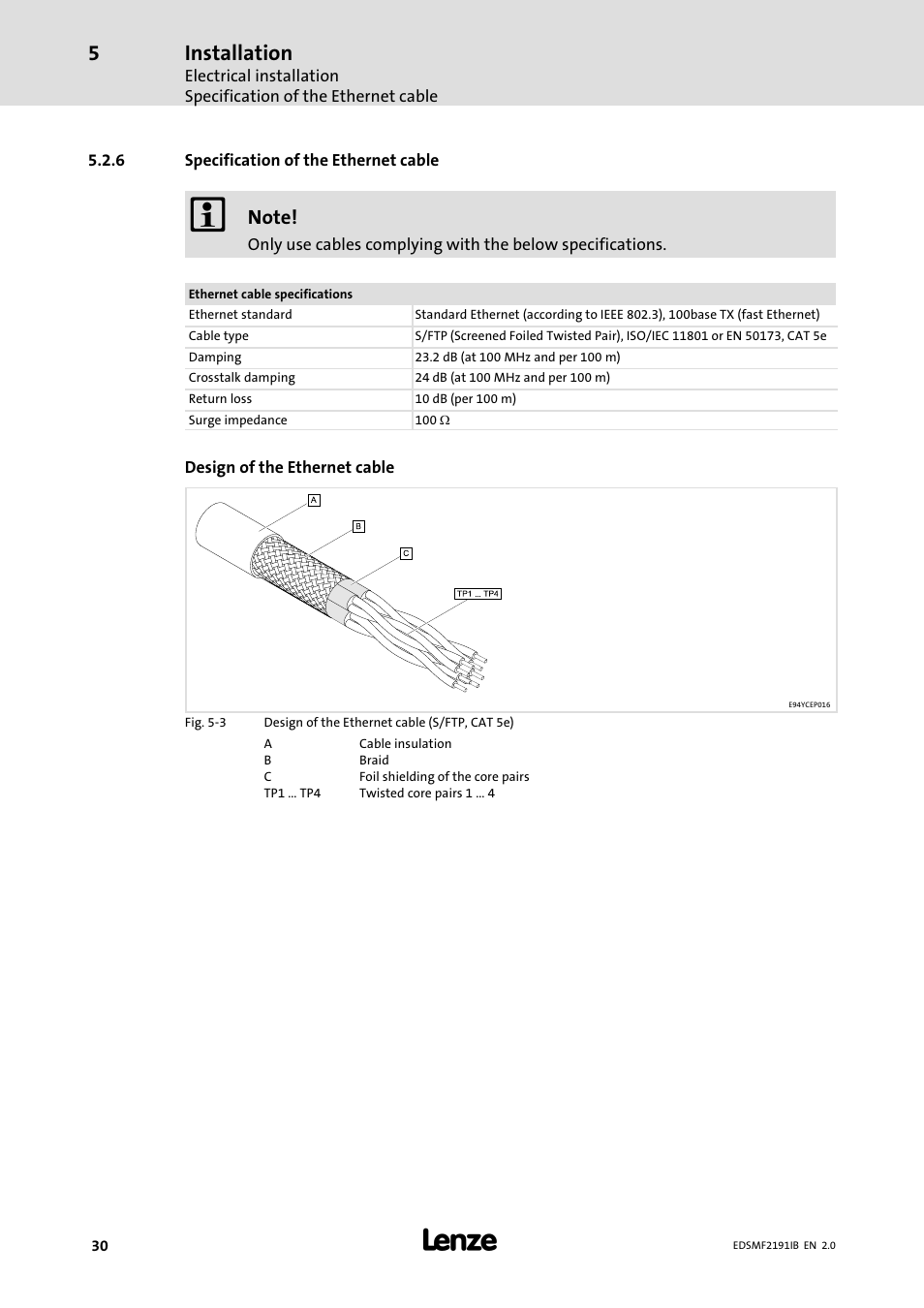6 specification of the ethernet cable, Specification of the ethernet cable, Installation | Lenze EMF2191IB User Manual | Page 30 / 56