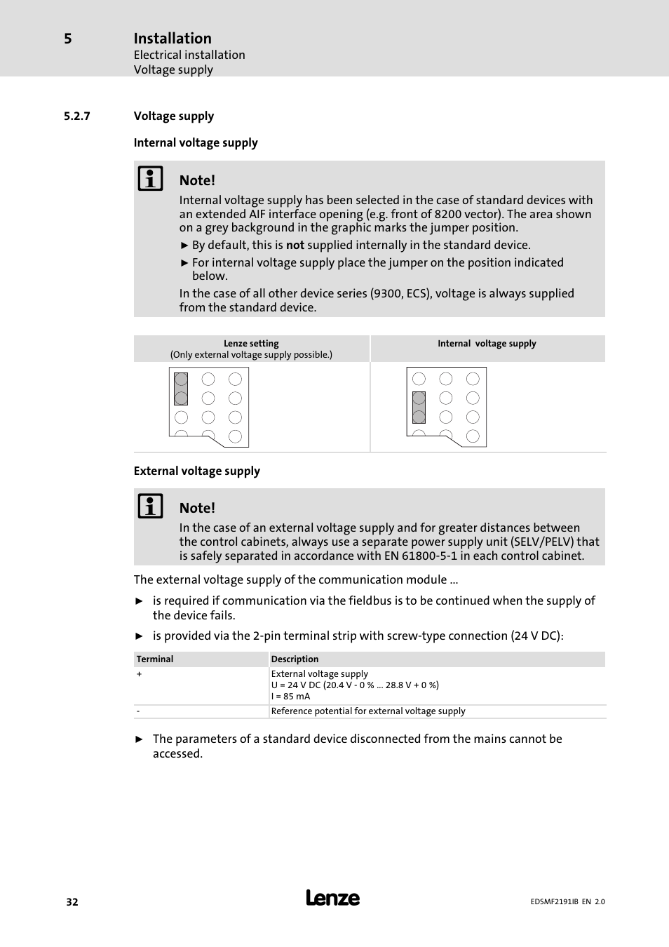7 voltage supply, Voltage supply, Installation | Lenze EMF2191IB User Manual | Page 32 / 56