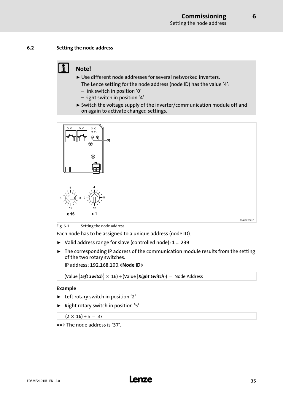 2 setting the node address, Setting the node address, Commissioning | Lenze EMF2191IB User Manual | Page 35 / 56