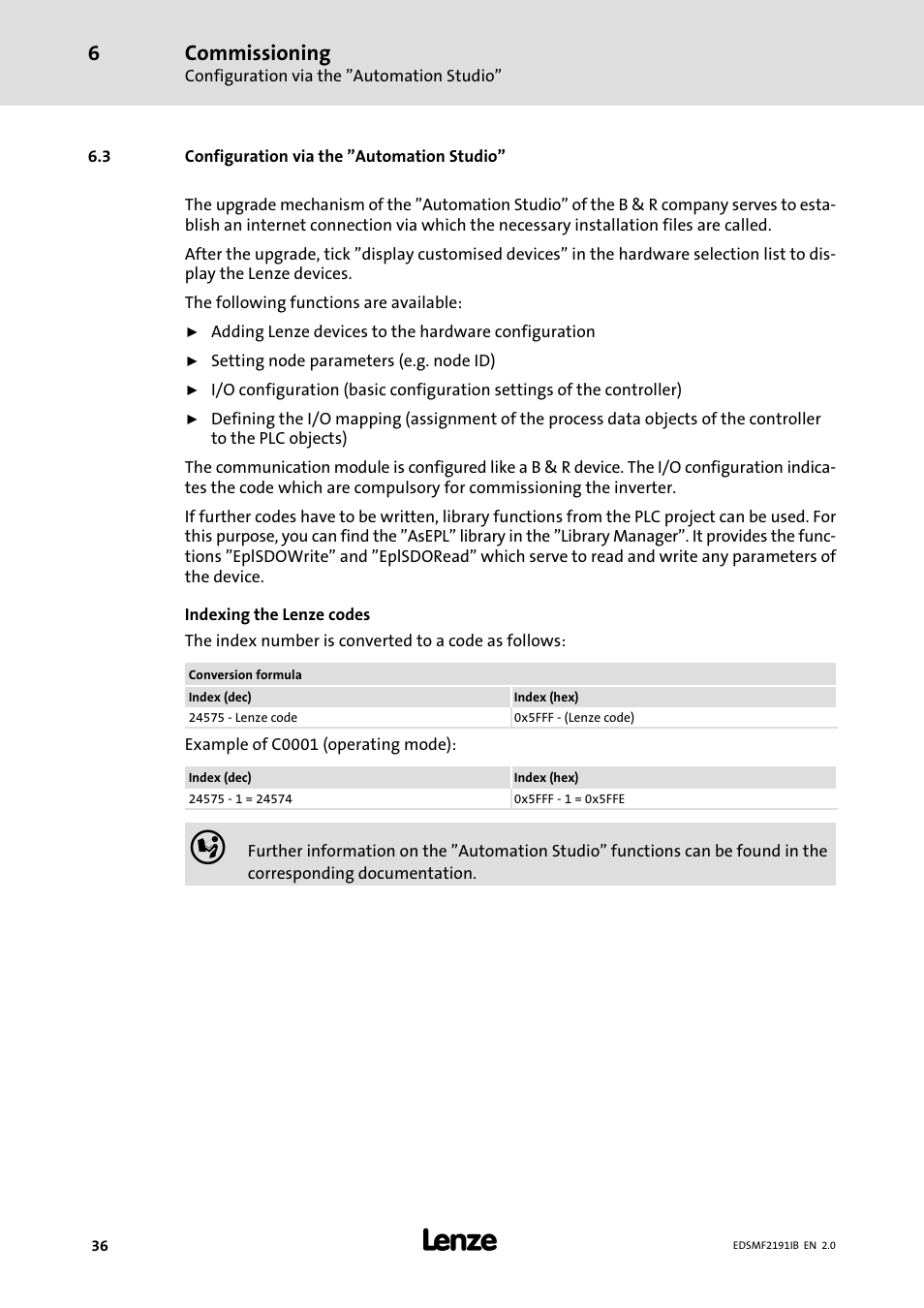 3 configuration via the "automation studio, Configuration via the "automation studio, Commissioning | Lenze EMF2191IB User Manual | Page 36 / 56