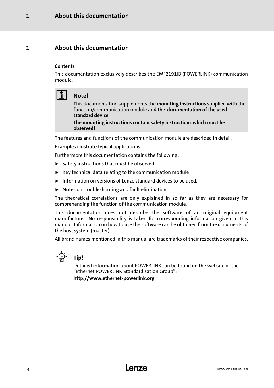 1 about this documentation, About this documentation | Lenze EMF2191IB User Manual | Page 4 / 56