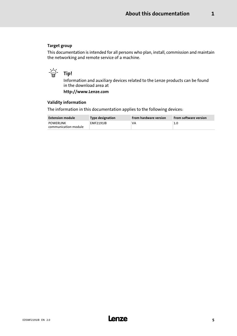 About this documentation 1 | Lenze EMF2191IB User Manual | Page 5 / 56