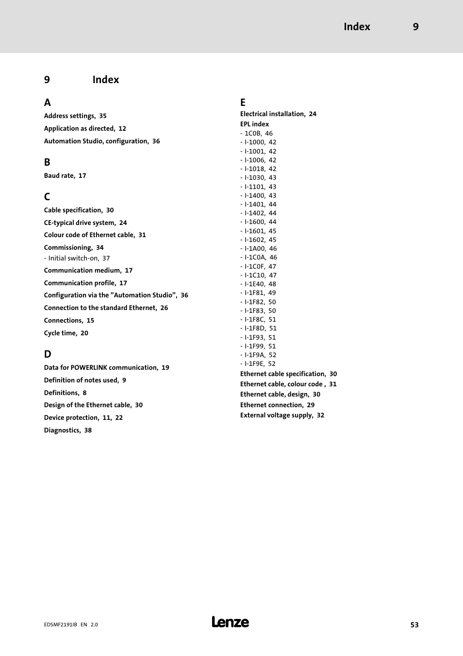 9 index, Index, Index 9 | 9index a | Lenze EMF2191IB User Manual | Page 53 / 56
