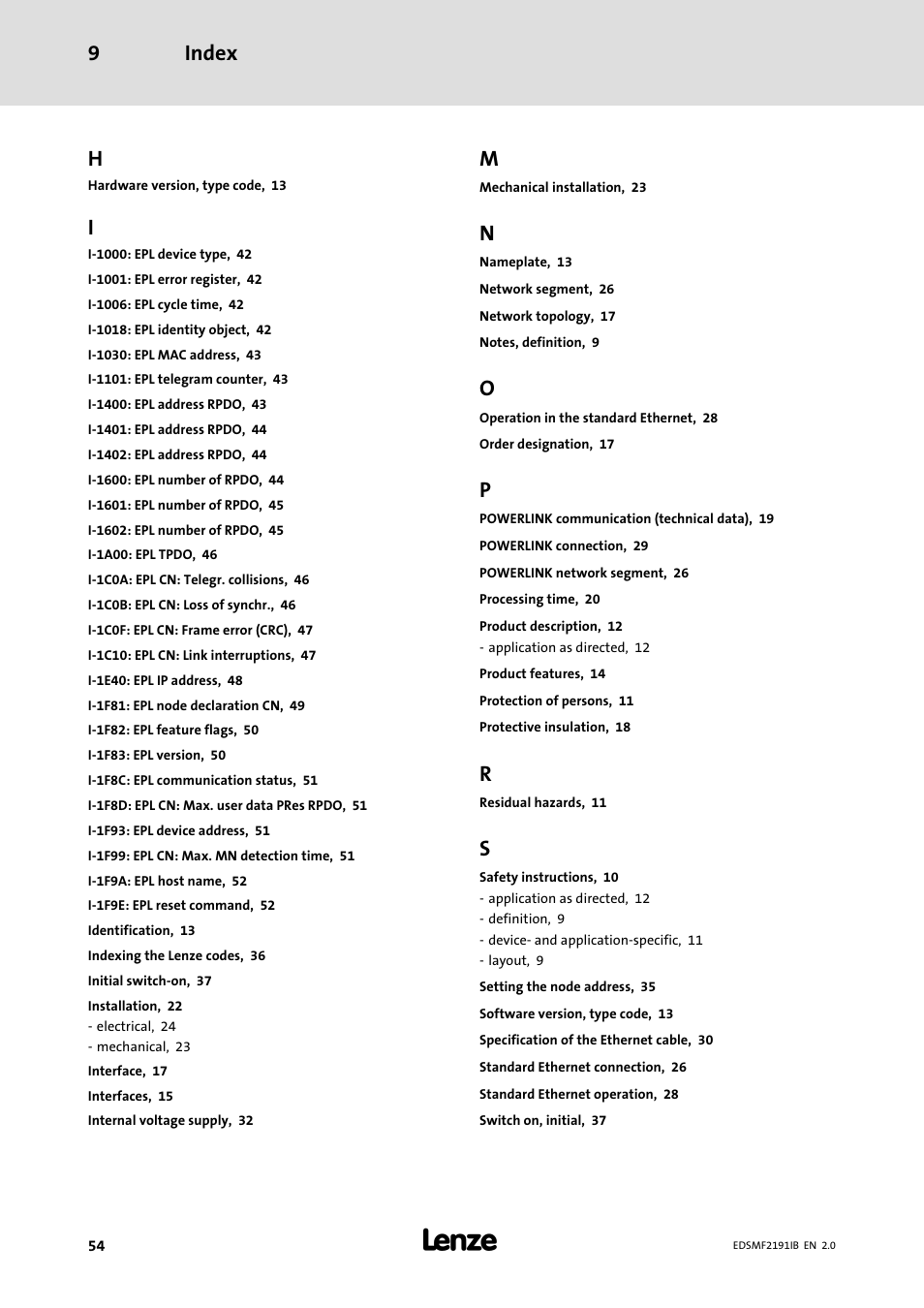 Index 9 | Lenze EMF2191IB User Manual | Page 54 / 56