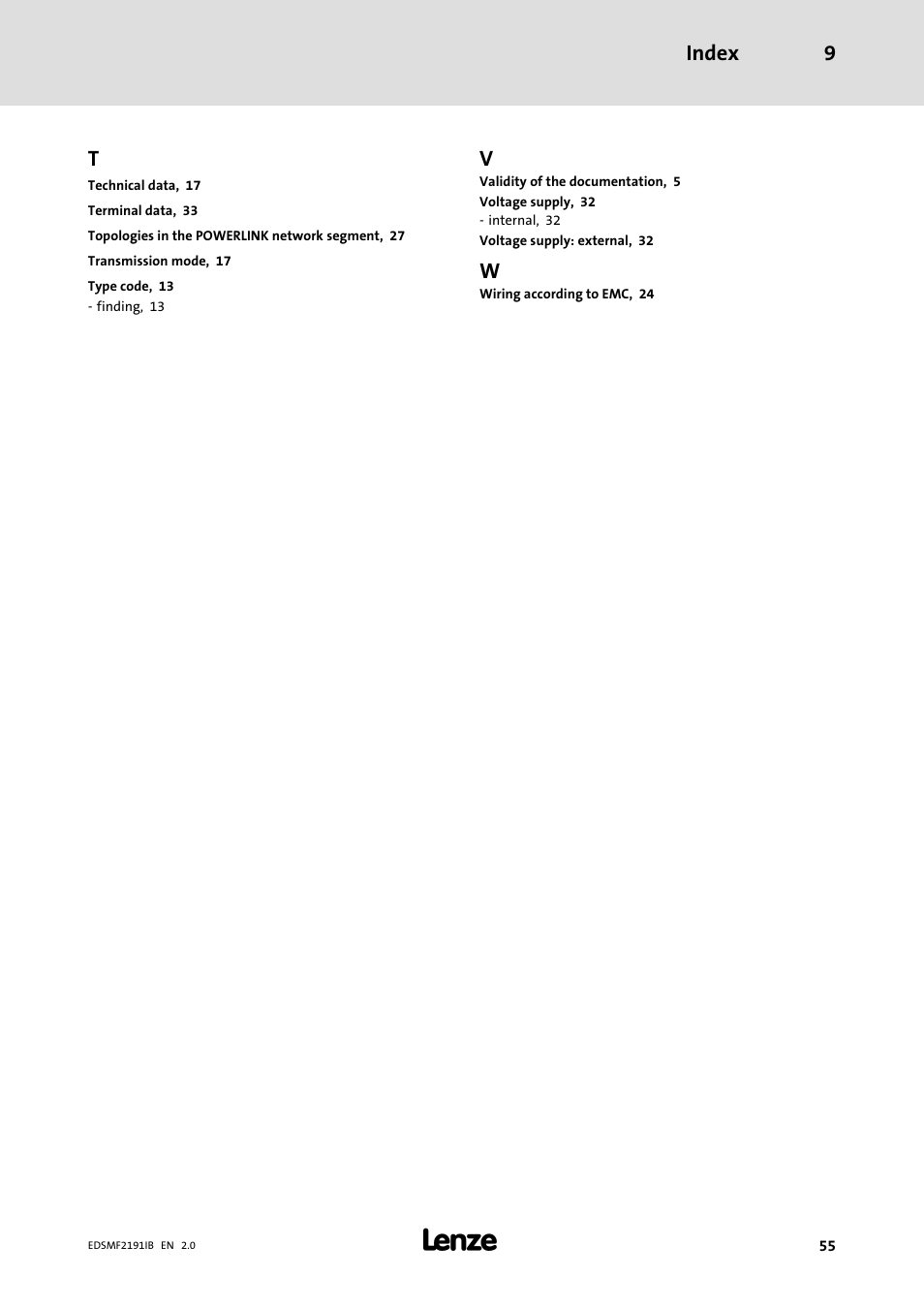 Index 9 | Lenze EMF2191IB User Manual | Page 55 / 56