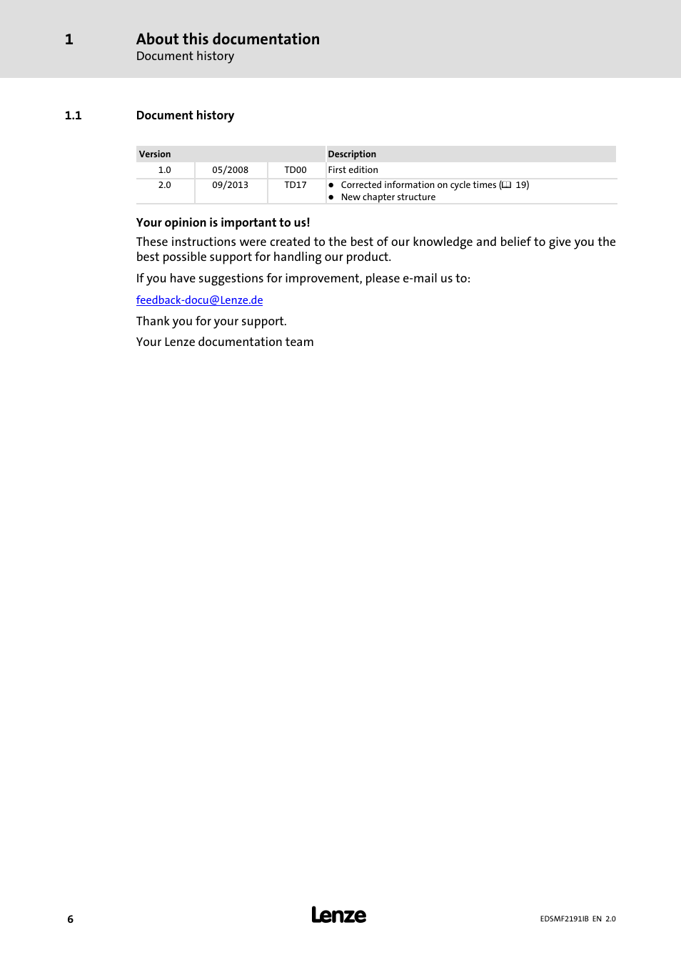 1 document history, Document history, About this documentation | Lenze EMF2191IB User Manual | Page 6 / 56