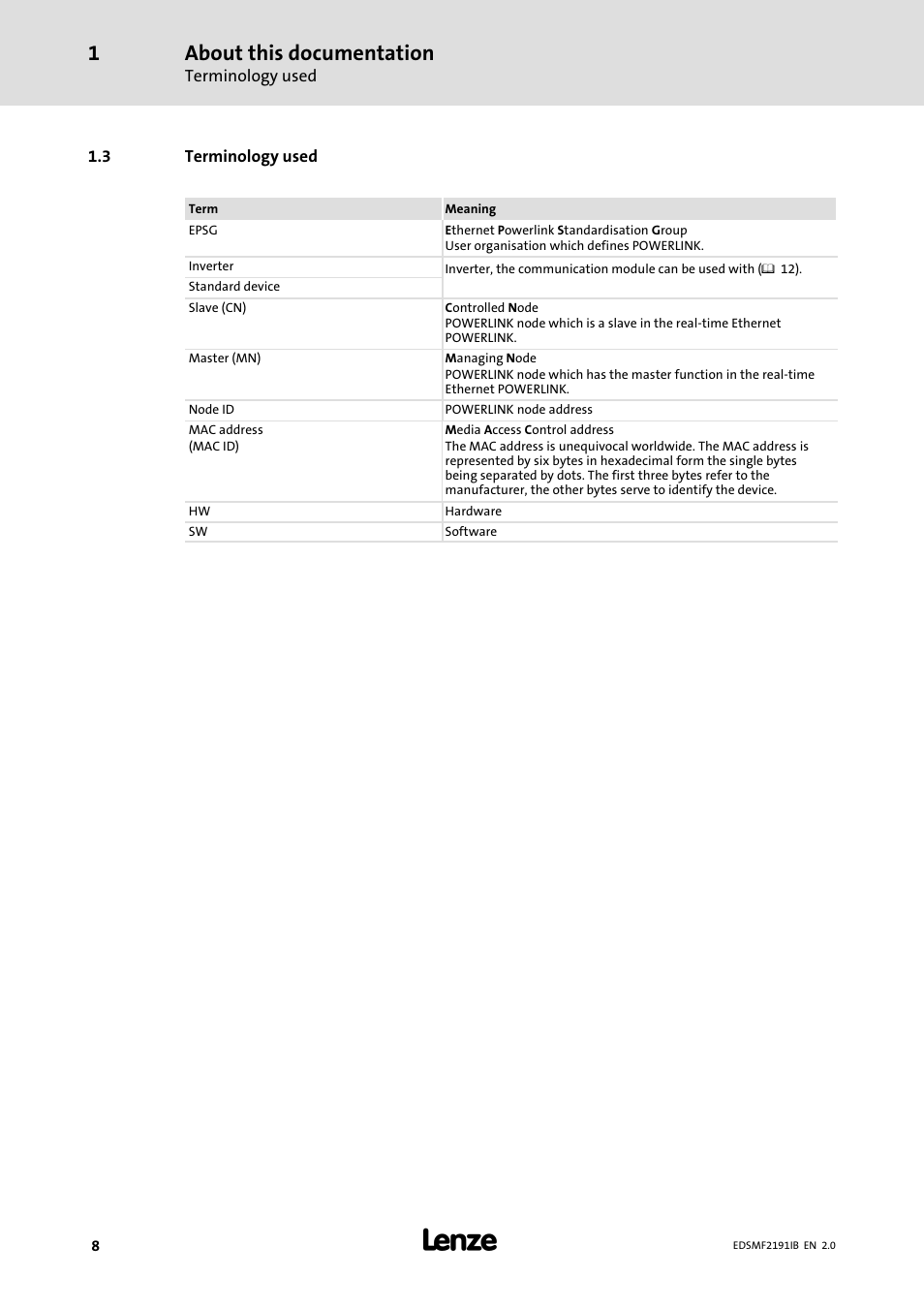3 terminology used, Terminology used, About this documentation | Lenze EMF2191IB User Manual | Page 8 / 56
