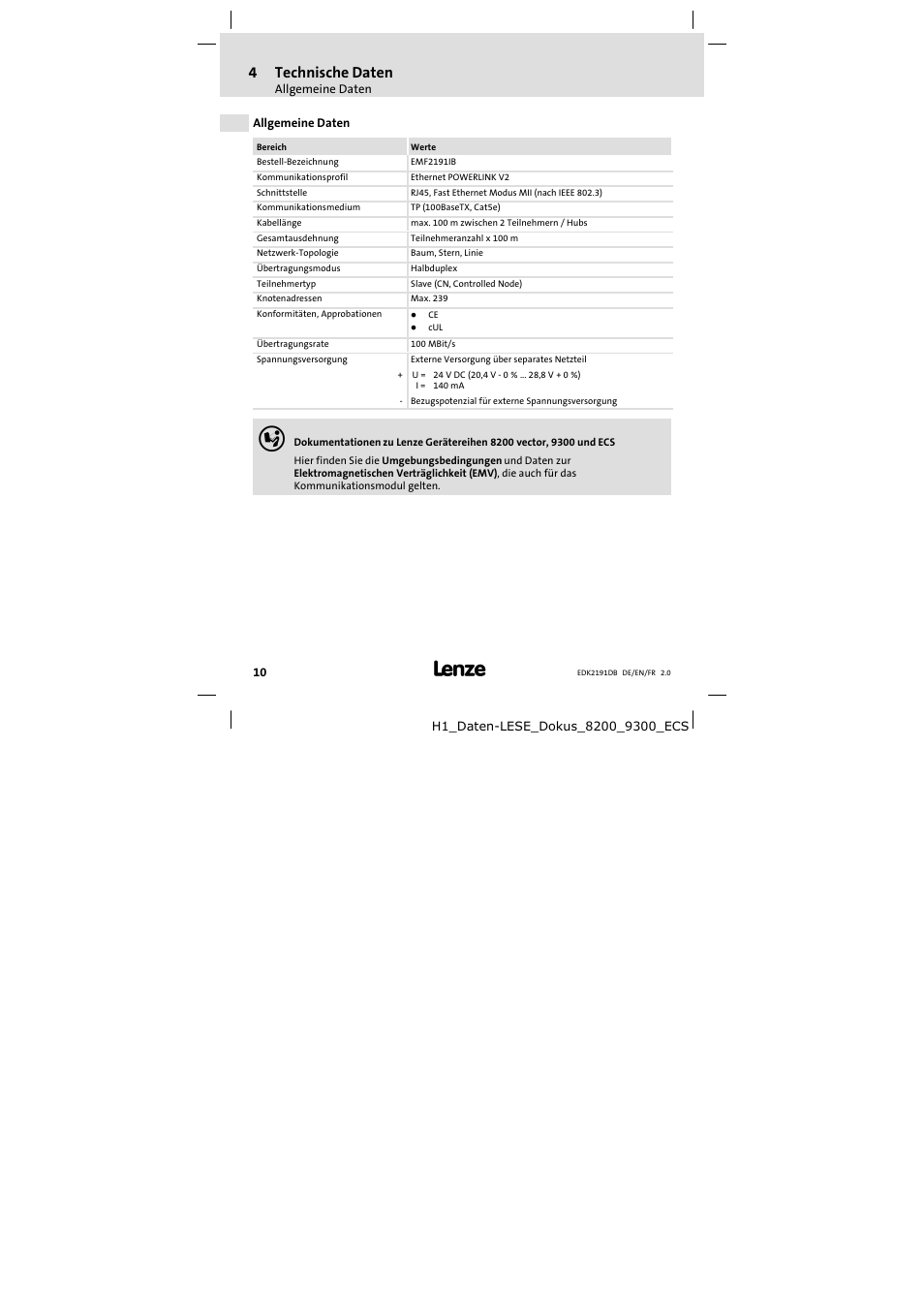 4 technische daten, Allgemeine daten, Technische daten | 4technische daten | Lenze EMF2191IB User Manual | Page 10 / 58