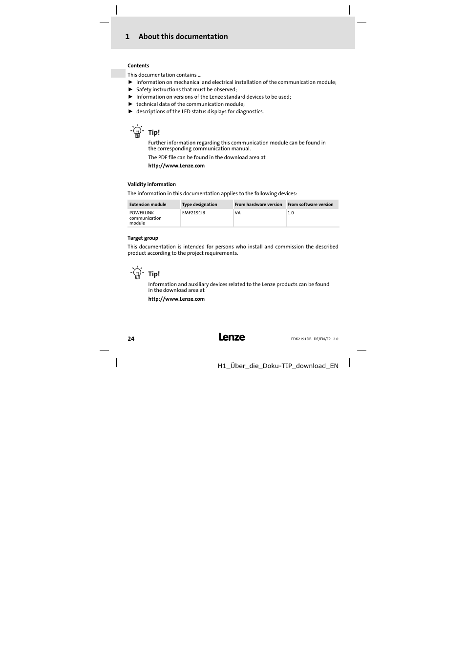 1 about this documentation, About this documentation | Lenze EMF2191IB User Manual | Page 24 / 58