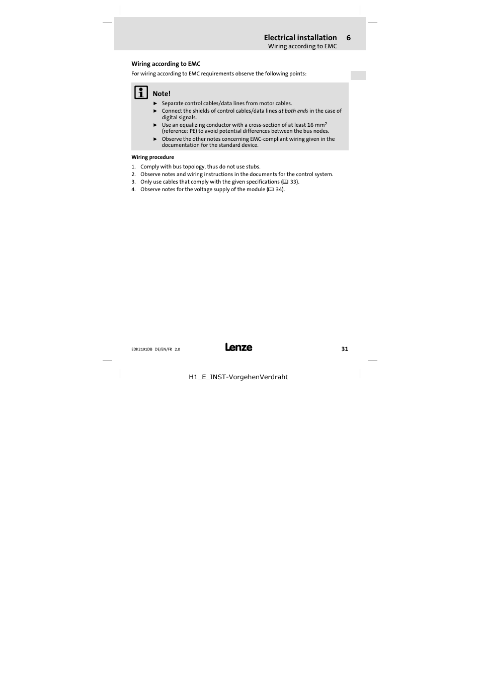 6 electrical installation, Wiring according to emc, Electrical installation | Lenze EMF2191IB User Manual | Page 31 / 58
