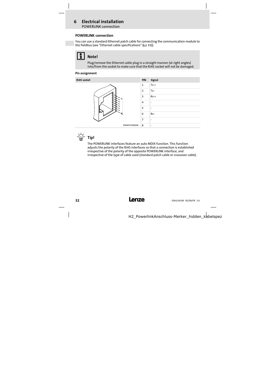 Powerlink connection, 6electrical installation | Lenze EMF2191IB User Manual | Page 32 / 58