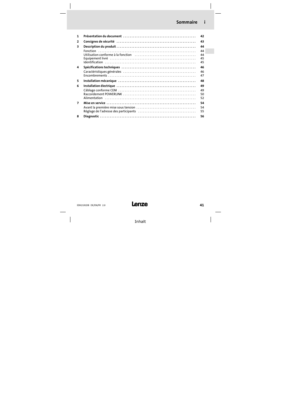 Sommaire, Sommaire i | Lenze EMF2191IB User Manual | Page 41 / 58
