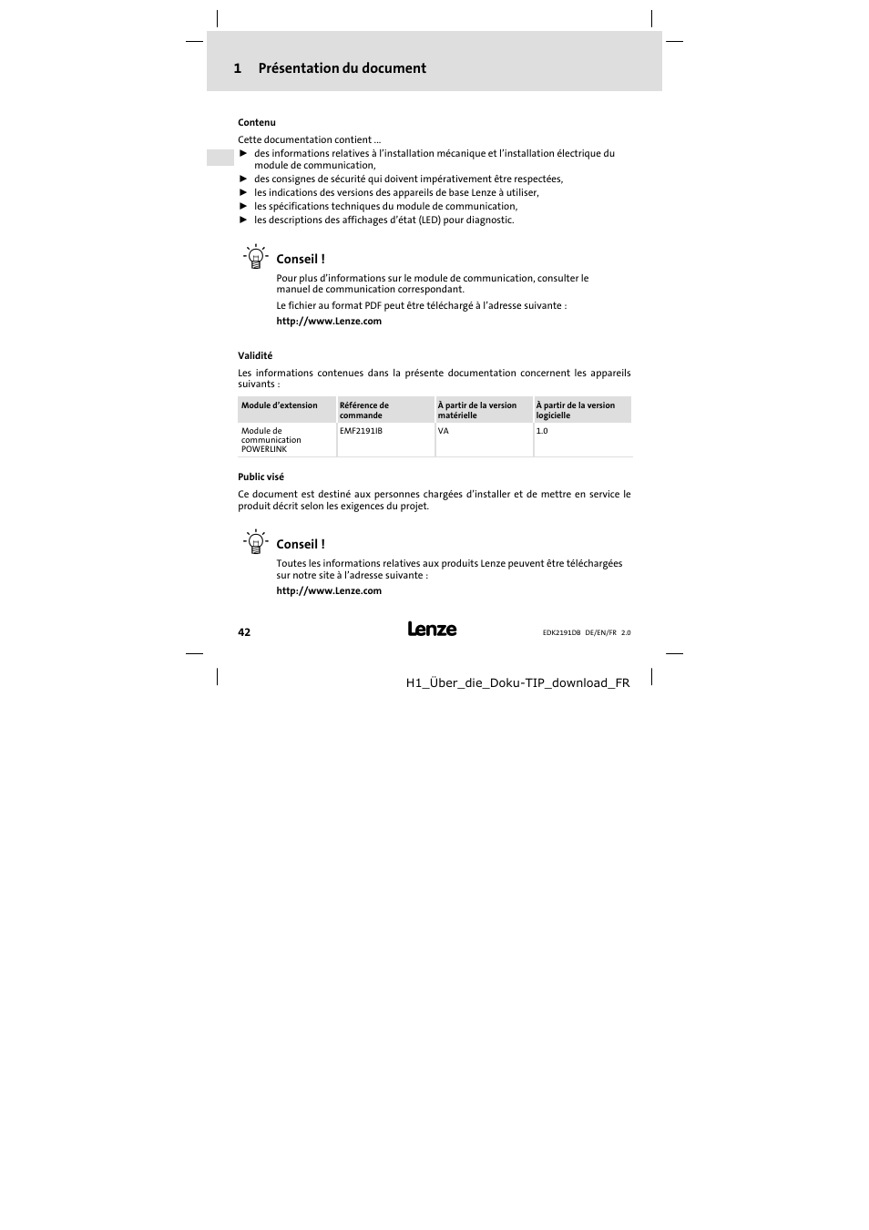 1 présentation du document, Présentation du document, 1présentation du document | Lenze EMF2191IB User Manual | Page 42 / 58