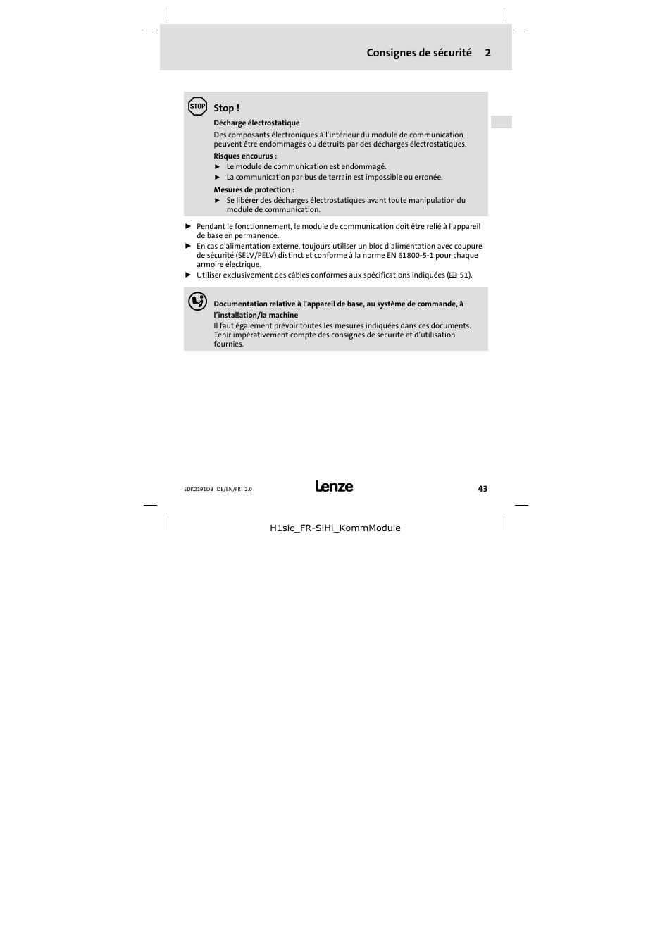 2 consignes de sécurité, Consignes de sécurité | Lenze EMF2191IB User Manual | Page 43 / 58