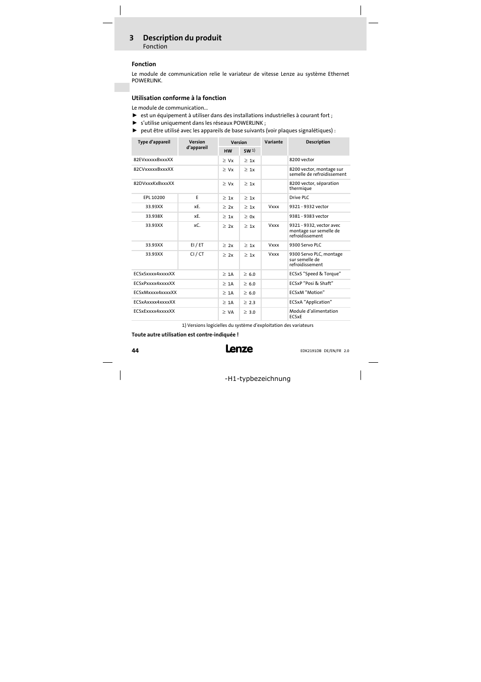 3 description du produit, Fonction, Utilisation conforme à la fonction | Description du produit, Fonction 44, 3description du produit | Lenze EMF2191IB User Manual | Page 44 / 58